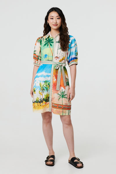 Tropical Print Tie Waist Short Dress in MULTI ORANGE [PK-8]