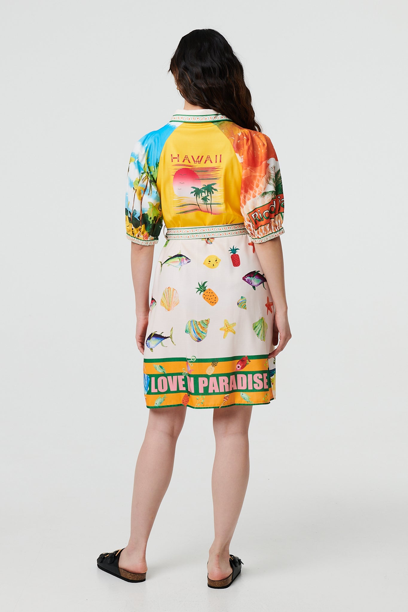 Tropical Print Tie Waist Short Dress in MULTI ORANGE [PK-8]