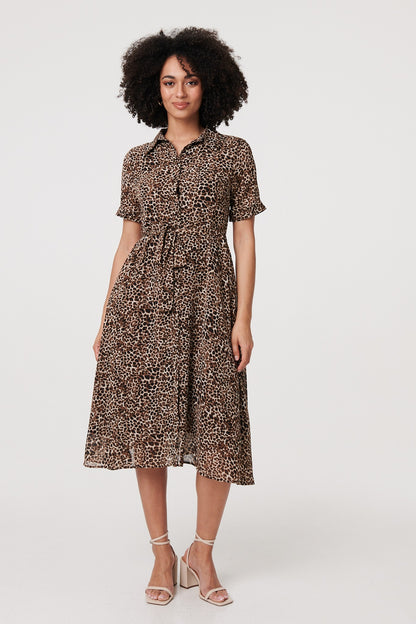 Animal Print Tie Waist Midi Shirt Dress in BEIGE [PK-8]