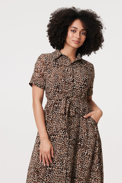 Animal Print Tie Waist Midi Shirt Dress in BEIGE [PK-8]