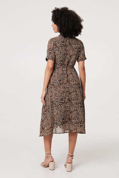 Animal Print Tie Waist Midi Shirt Dress in BEIGE [PK-8]