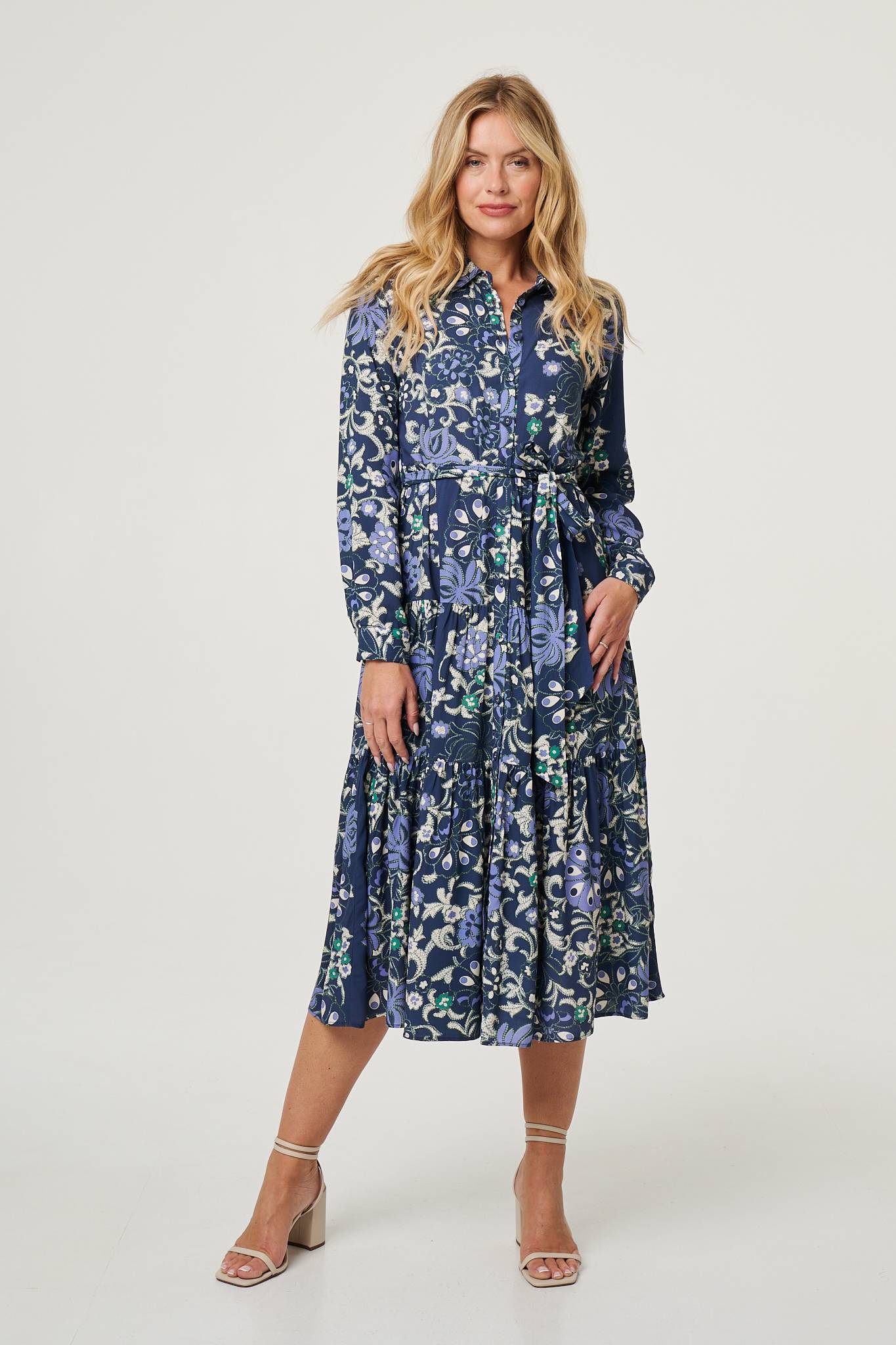 FLORAL TIE WAIST PLEAT MIDI SHIRT DRESS IN NAVY [8 PER PACK]