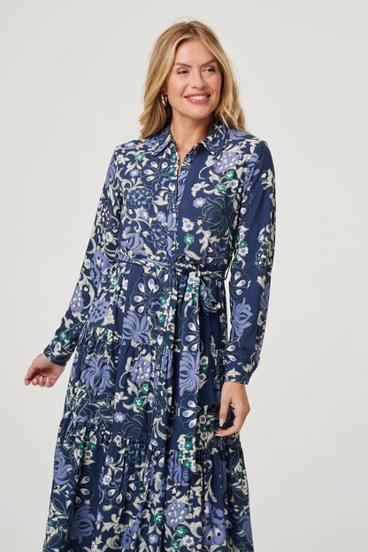 FLORAL TIE WAIST PLEAT MIDI SHIRT DRESS IN NAVY [8 PER PACK]