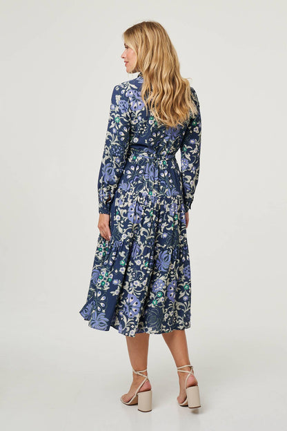 FLORAL TIE WAIST PLEAT MIDI SHIRT DRESS IN NAVY [8 PER PACK]