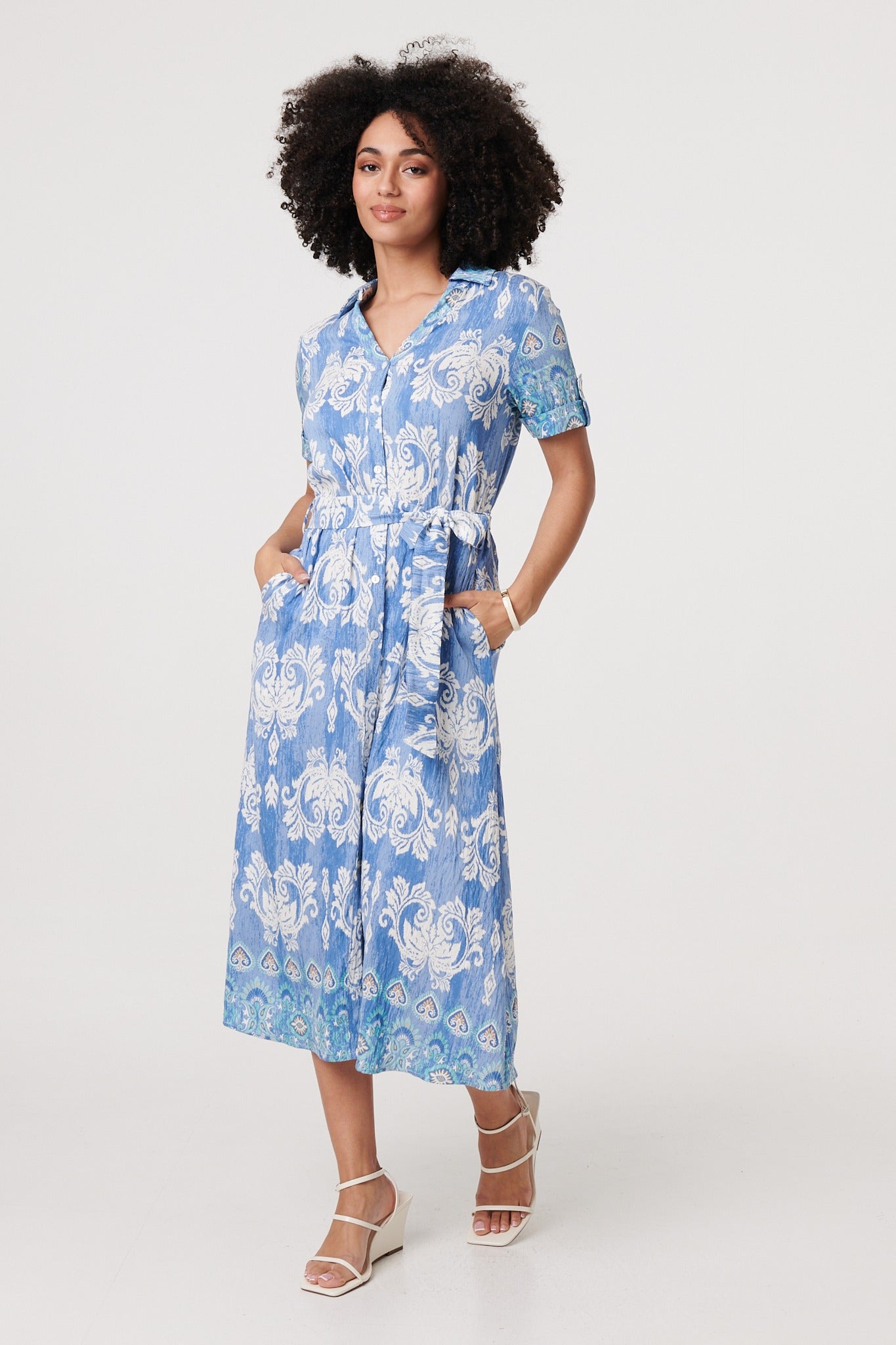 Ikat Print Tie Waist Midi Shirt Dress in MULTI BLUE [PK-8]