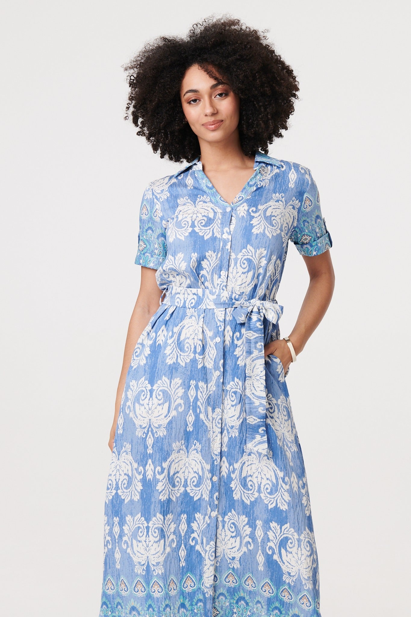 Ikat Print Tie Waist Midi Shirt Dress in MULTI BLUE [PK-8]