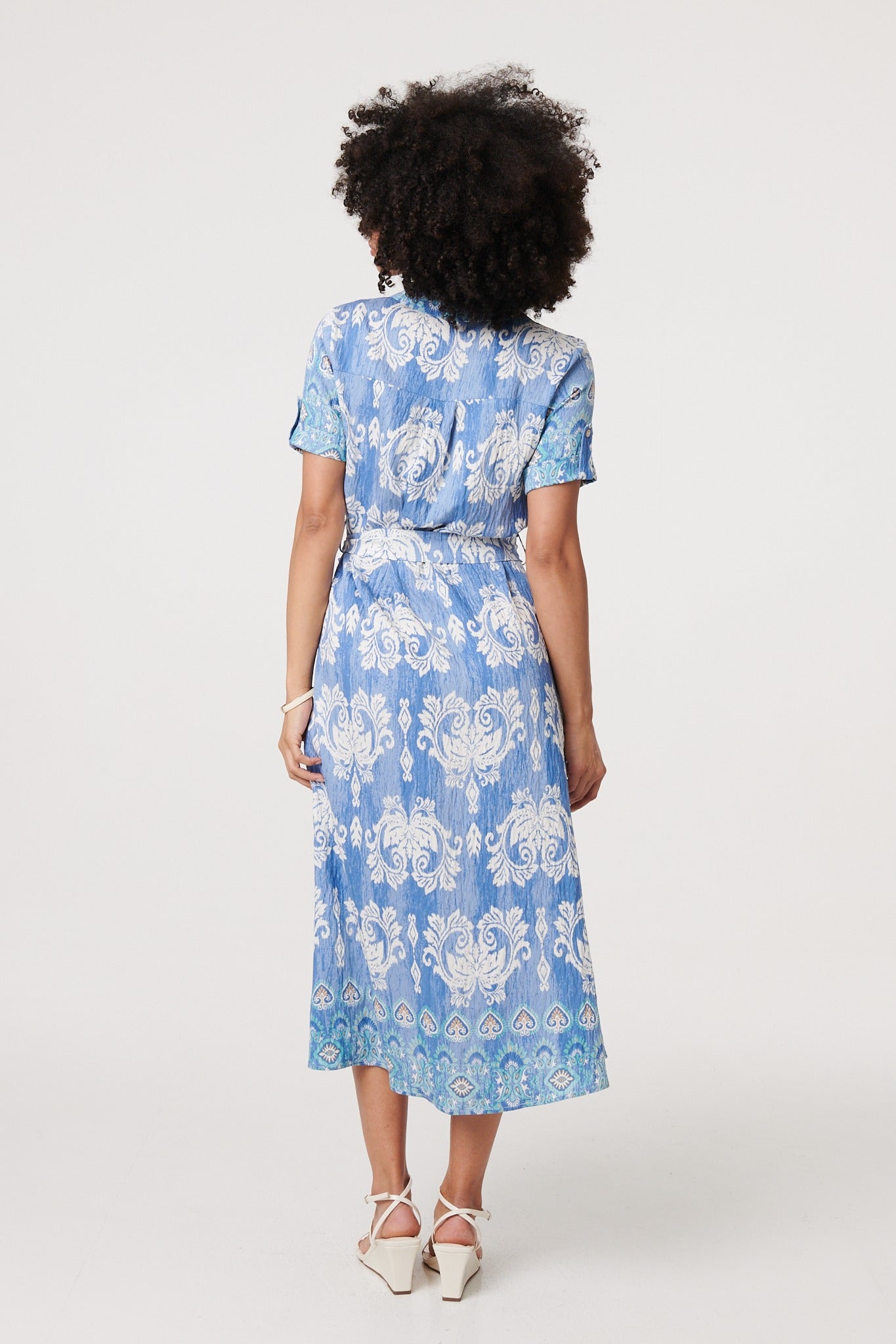 Ikat Print Tie Waist Midi Shirt Dress in MULTI BLUE [PK-8]