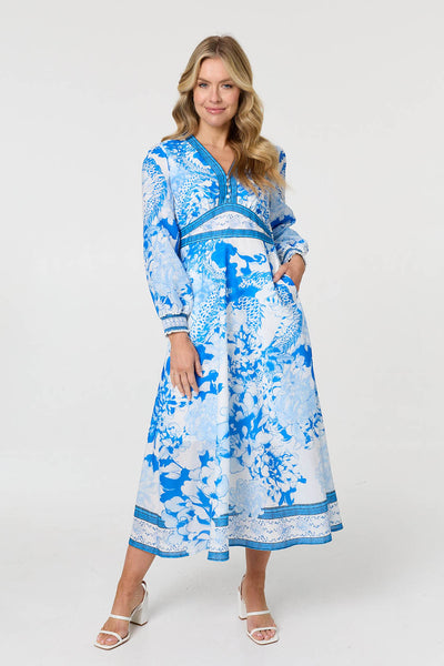 FLORAL TRIM LONG SLEEVE MAXI DRESS [PK-8]