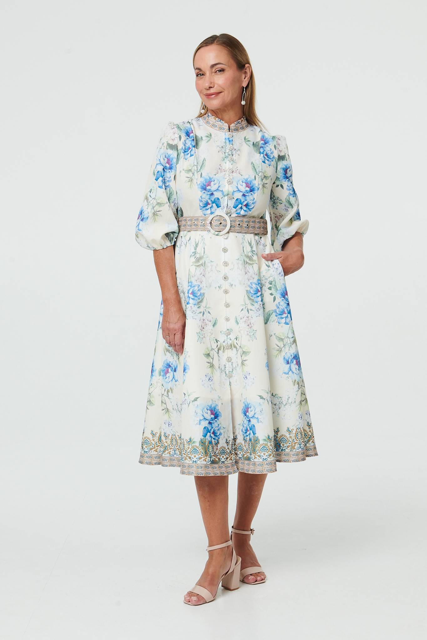 FLORAL BELT WAIST MIDI DRESS [PK-8]
