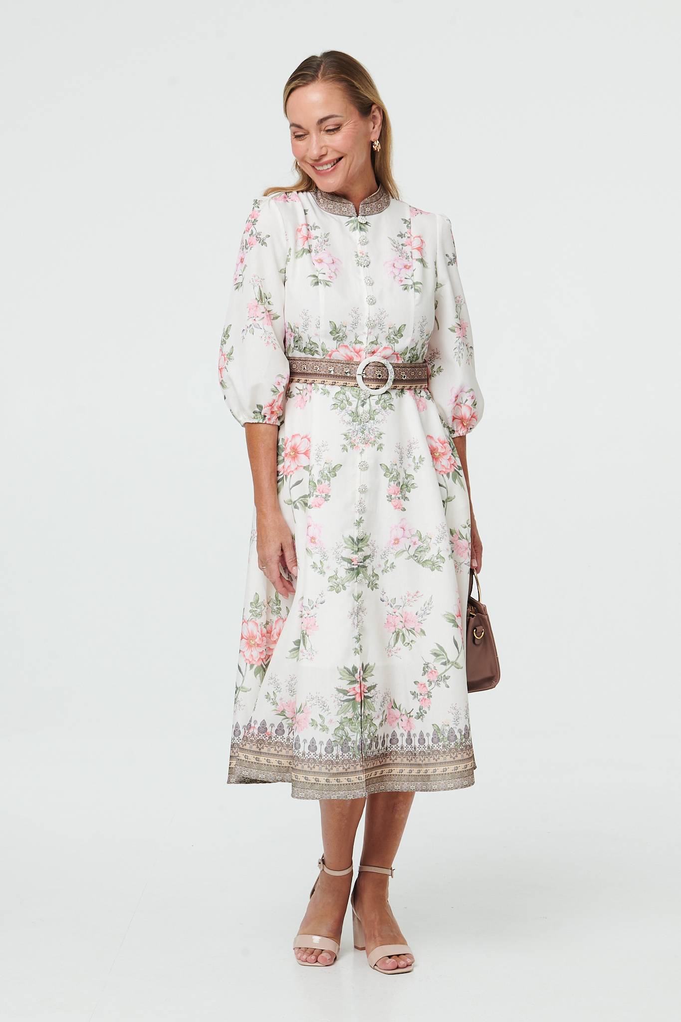 FLORAL BELT WAIST MIDI DRESS [PK-8]