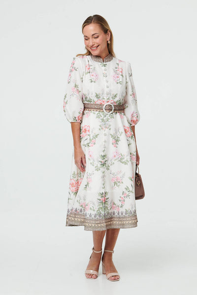 FLORAL BELT WAIST MIDI DRESS [PK-8]