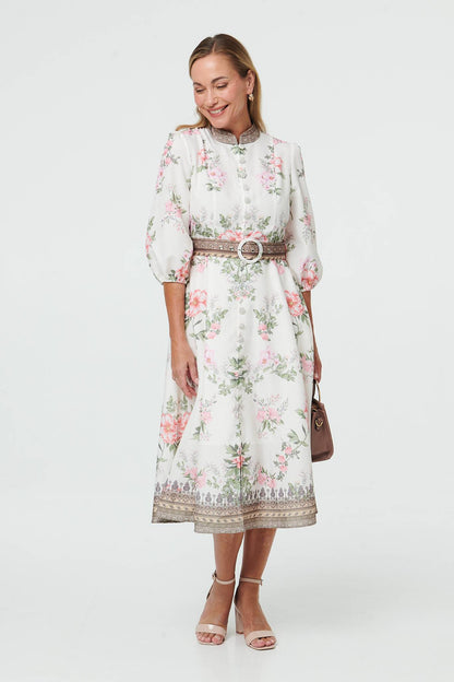 FLORAL BELT WAIST MIDI DRESS [PK-8]