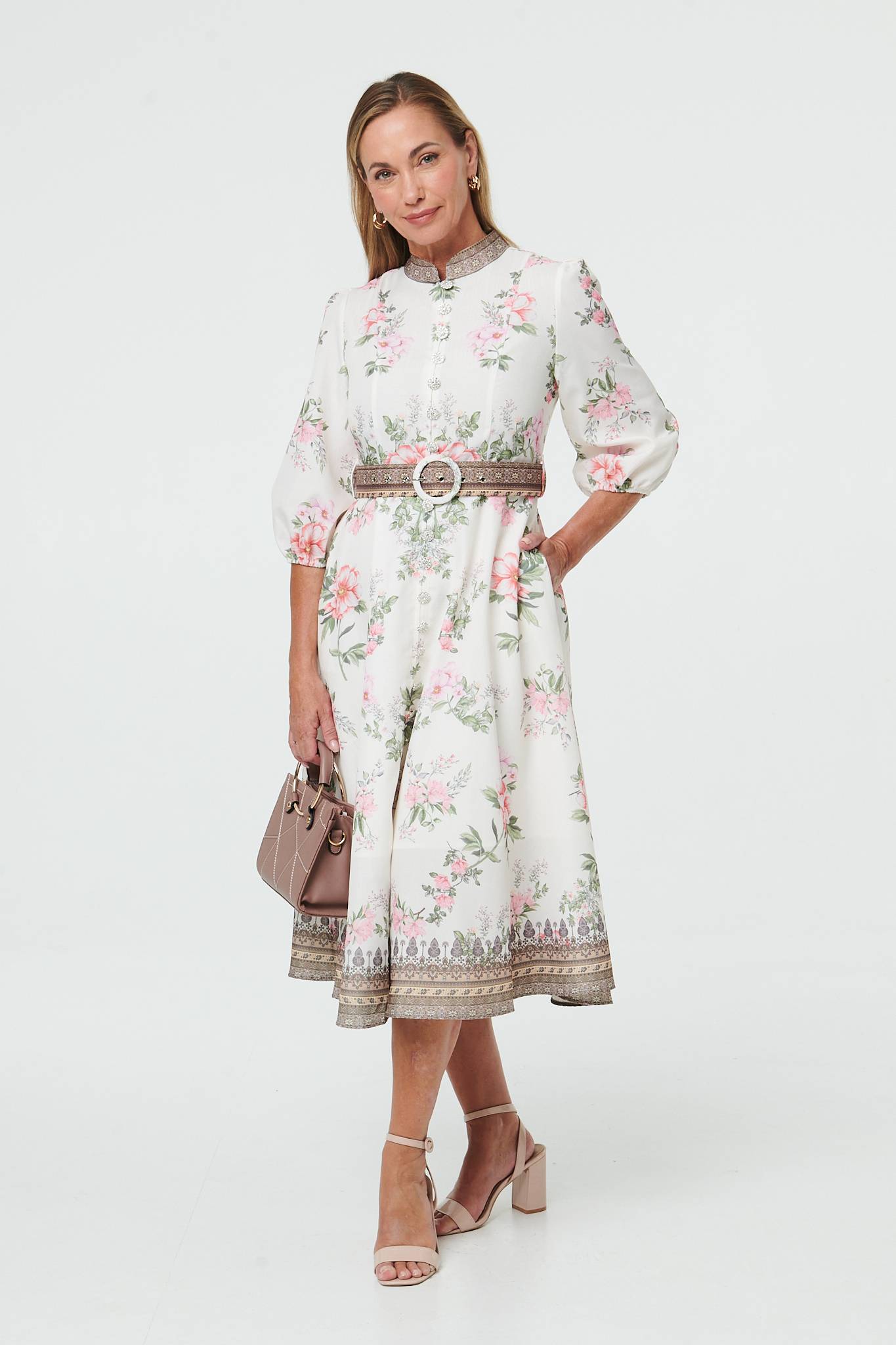 FLORAL BELT WAIST MIDI DRESS [PK-8]