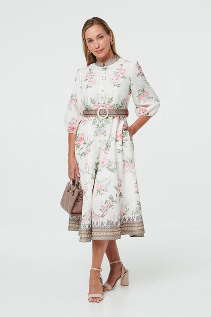 FLORAL BELT WAIST MIDI DRESS [PK-8]
