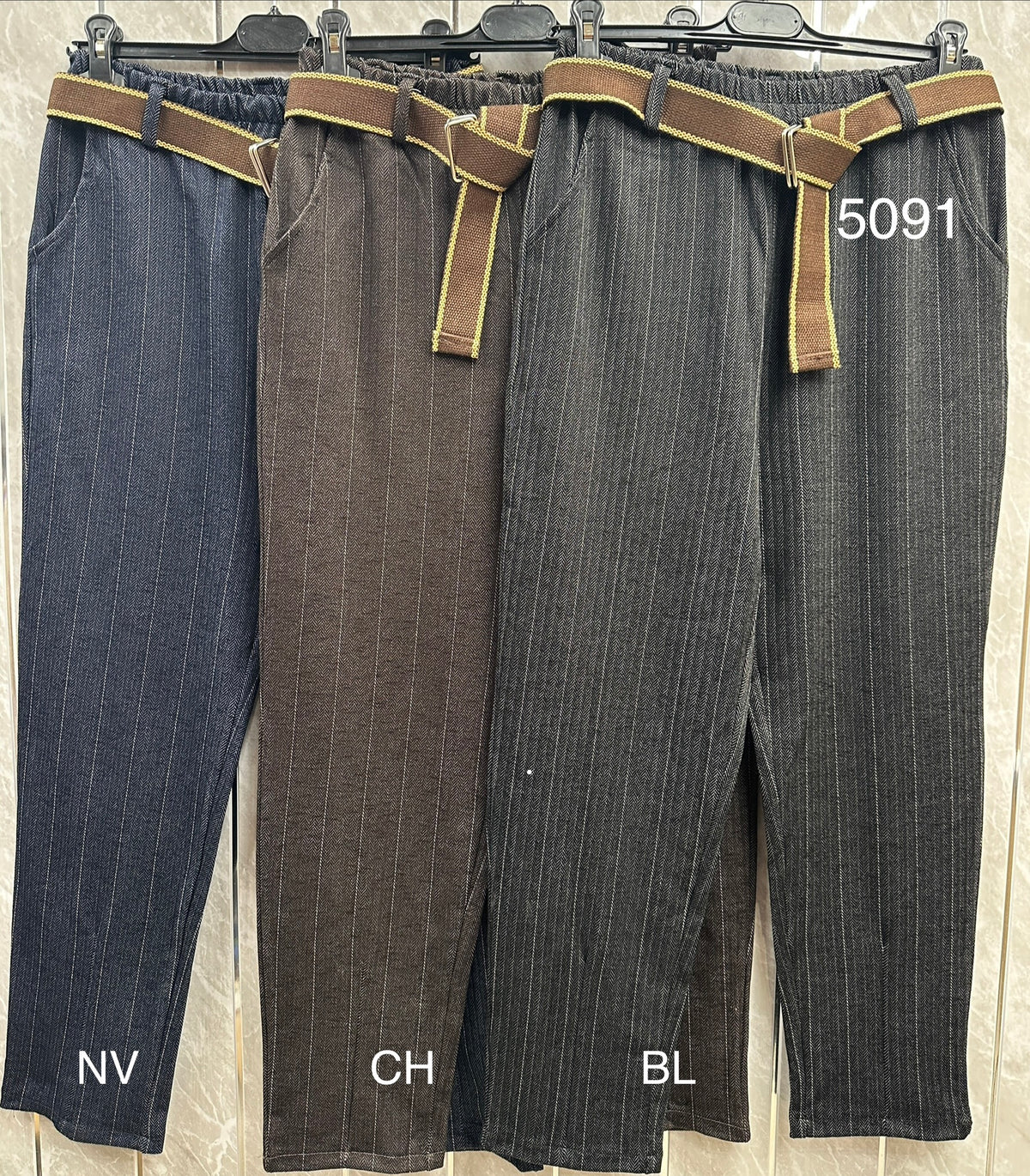 BELTED STRIPED TROUSERS