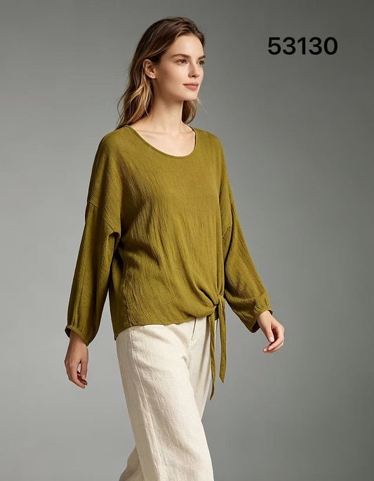 CRINKLE SIDE TIE BALLOON SLEEVE TOP