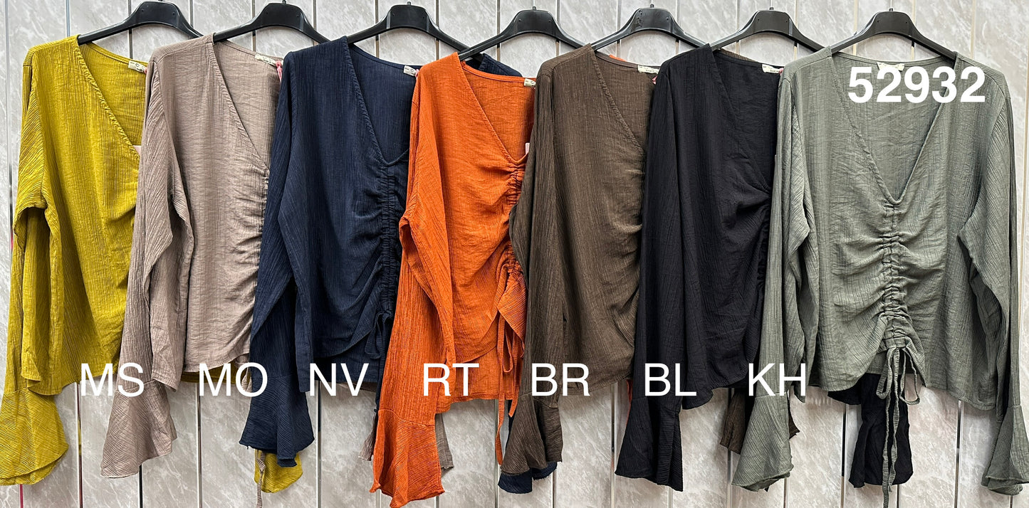 CRINKLE DRAWSTRING BELL SLEEVE TOP