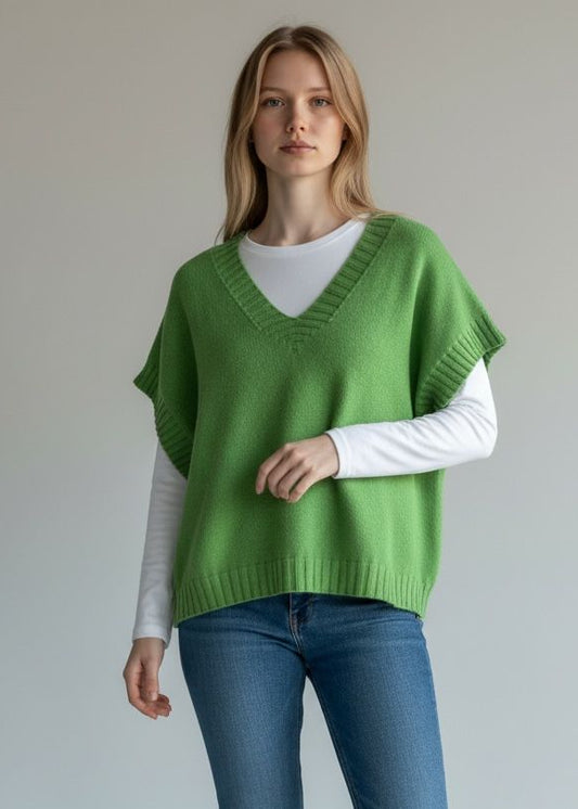 RIBBED EDGED V-NECK CAP SLEEVE JUMPER