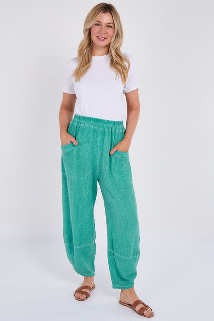 WASHED LINEN FRONT POCKET BARREL LEG TROUSER