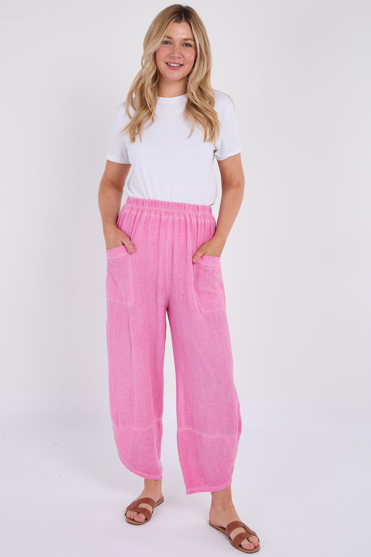 WASHED LINEN FRONT POCKET BARREL LEG TROUSER