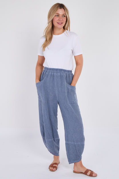 WASHED LINEN FRONT POCKET BARREL LEG TROUSER