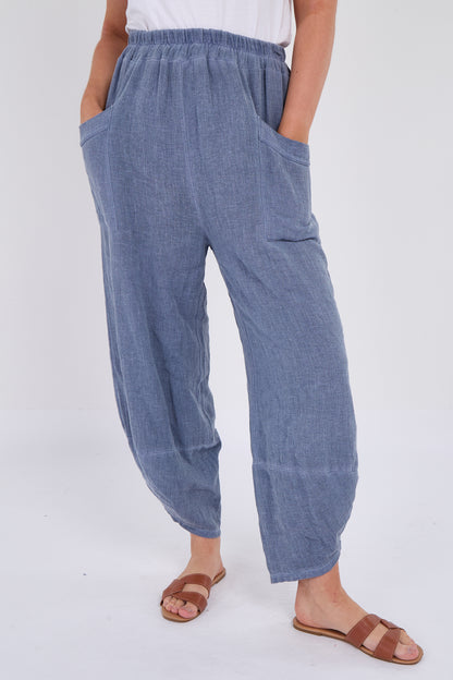 WASHED LINEN FRONT POCKET BARREL LEG TROUSER