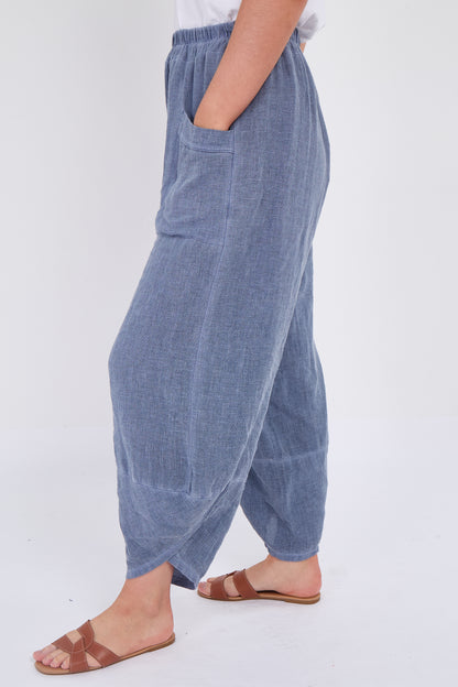 WASHED LINEN FRONT POCKET BARREL LEG TROUSER
