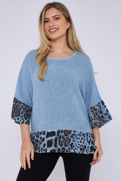 WASHED LINEN LEOPARD DETAIL TOP