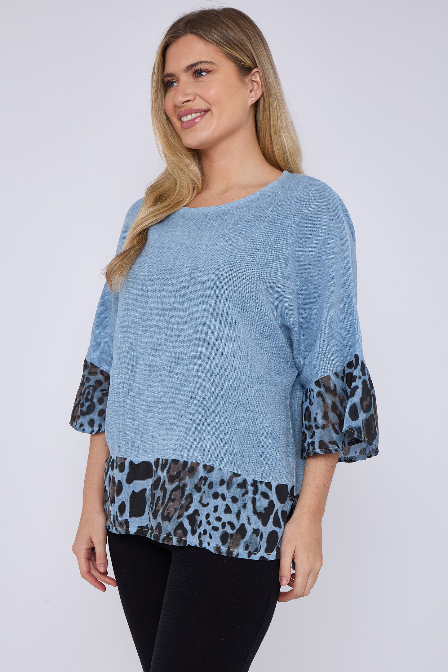 WASHED LINEN LEOPARD PRINT TOP