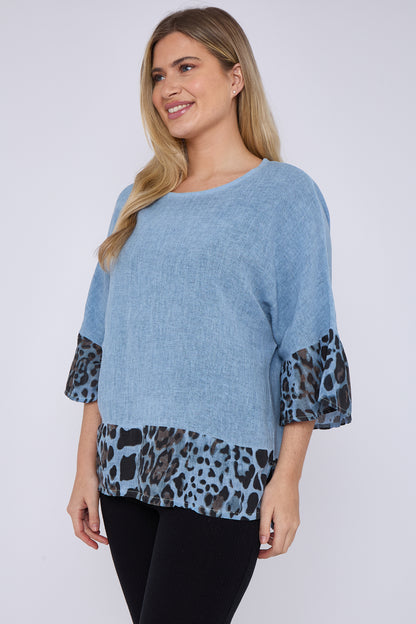 WASHED LINEN LEOPARD PRINT TOP