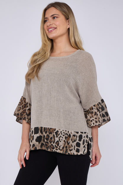 WASHED LINEN LEOPARD PRINT TOP