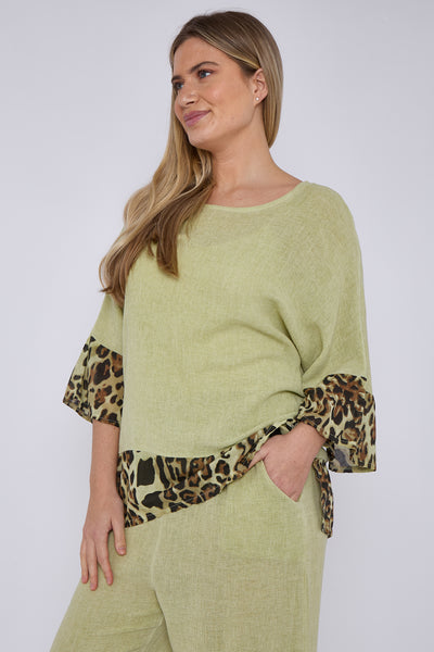 WASHED LINEN LEOPARD DETAIL TOP