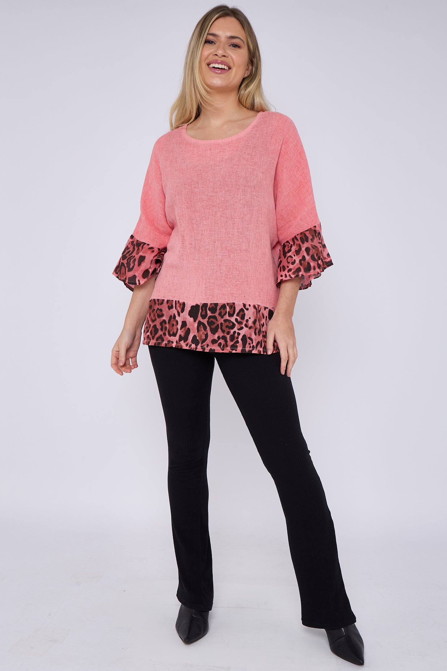 WASHED LINEN LEOPARD PRINT TOP