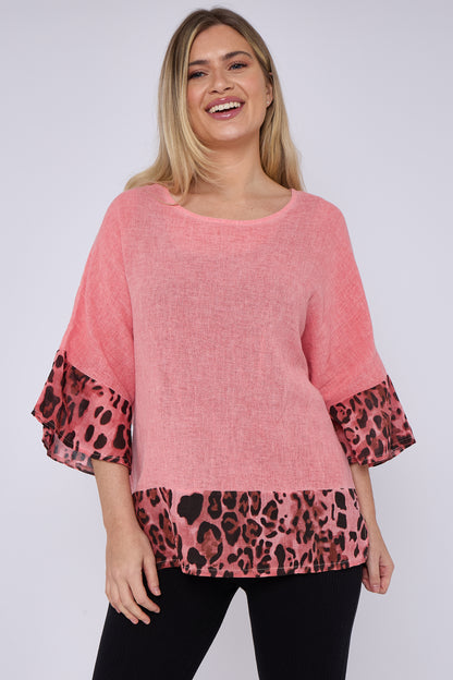 WASHED LINEN LEOPARD PRINT TOP