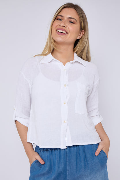 WASHED LINEN ONE POCKET CROPPED SHIRT