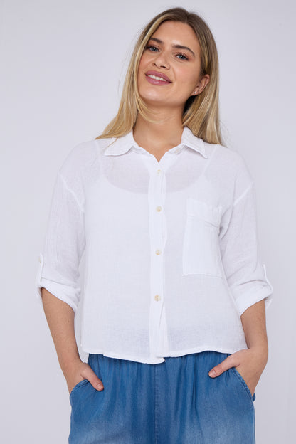 WASHED LINEN ONE POCKET CROPPED SHIRT