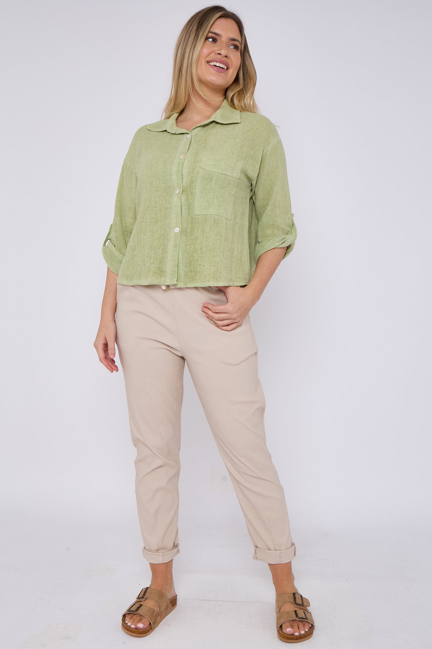 WASHED LINEN ONE POCKET CROPPED SHIRT