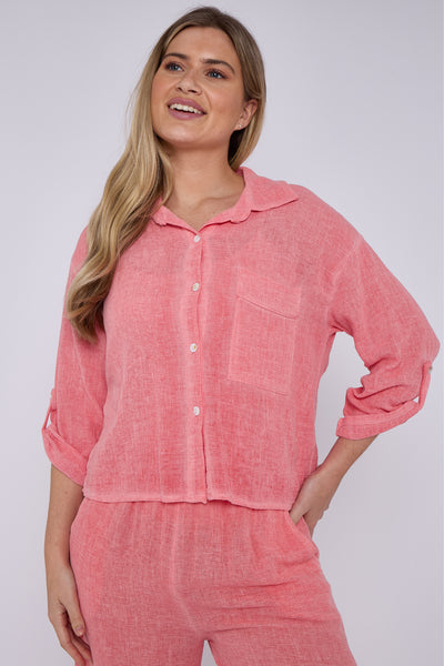 WASHED LINEN ONE POCKET CROPPED SHIRT