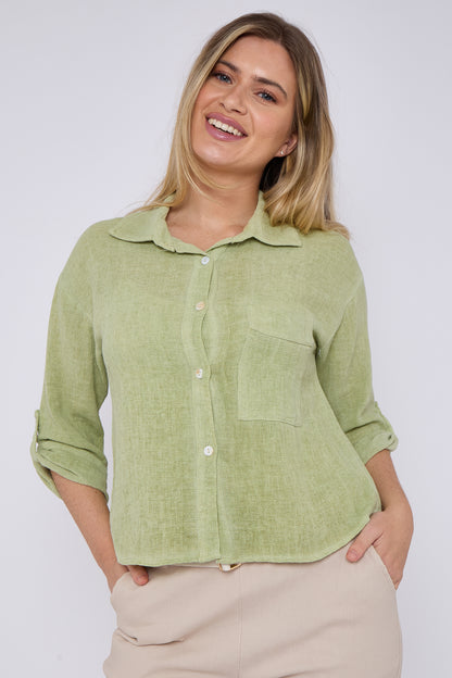 WASHED LINEN ONE POCKET CROPPED SHIRT