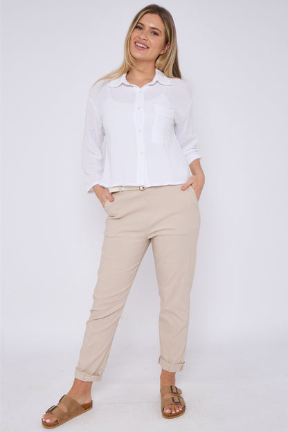 WASHED LINEN ONE POCKET CROPPED SHIRT