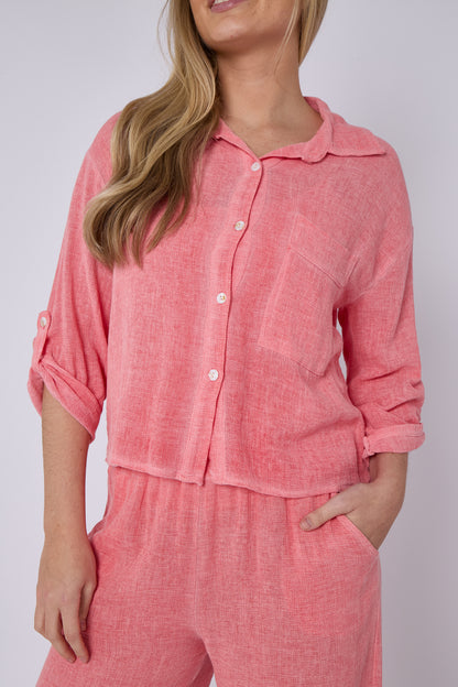 WASHED LINEN ONE POCKET CROPPED SHIRT