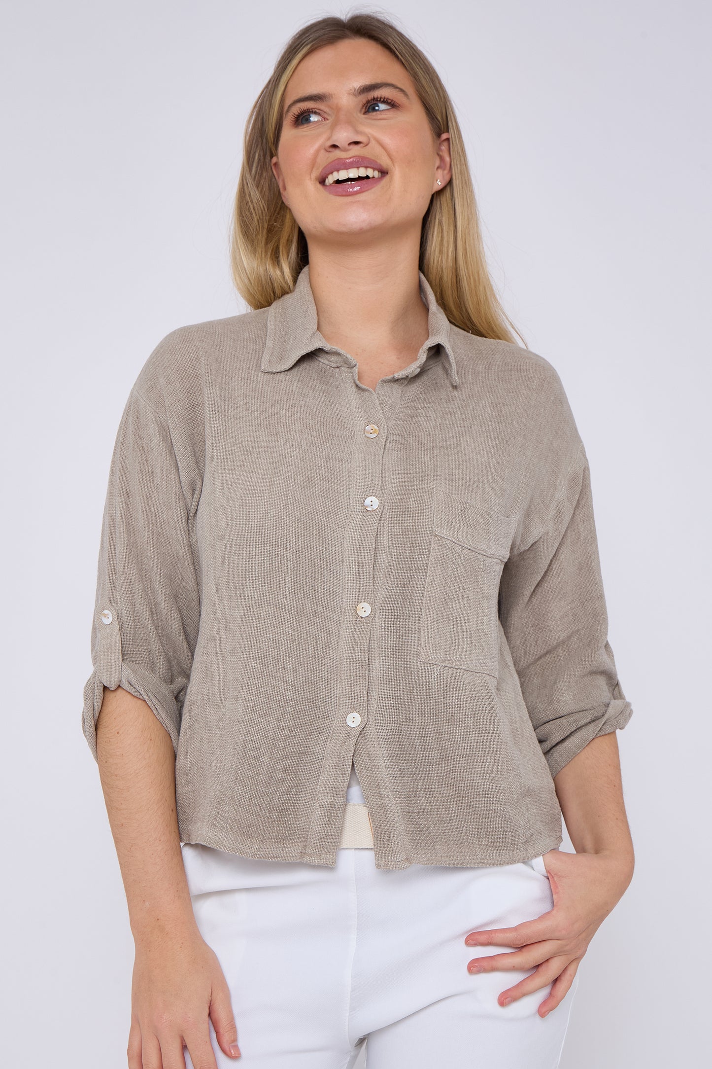 WASHED LINEN ONE POCKET CROPPED SHIRT