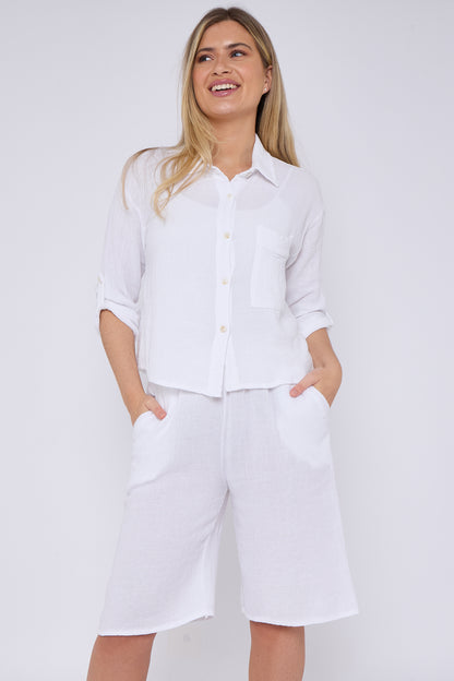 WASHED LINEN ONE POCKET CROPPED SHIRT