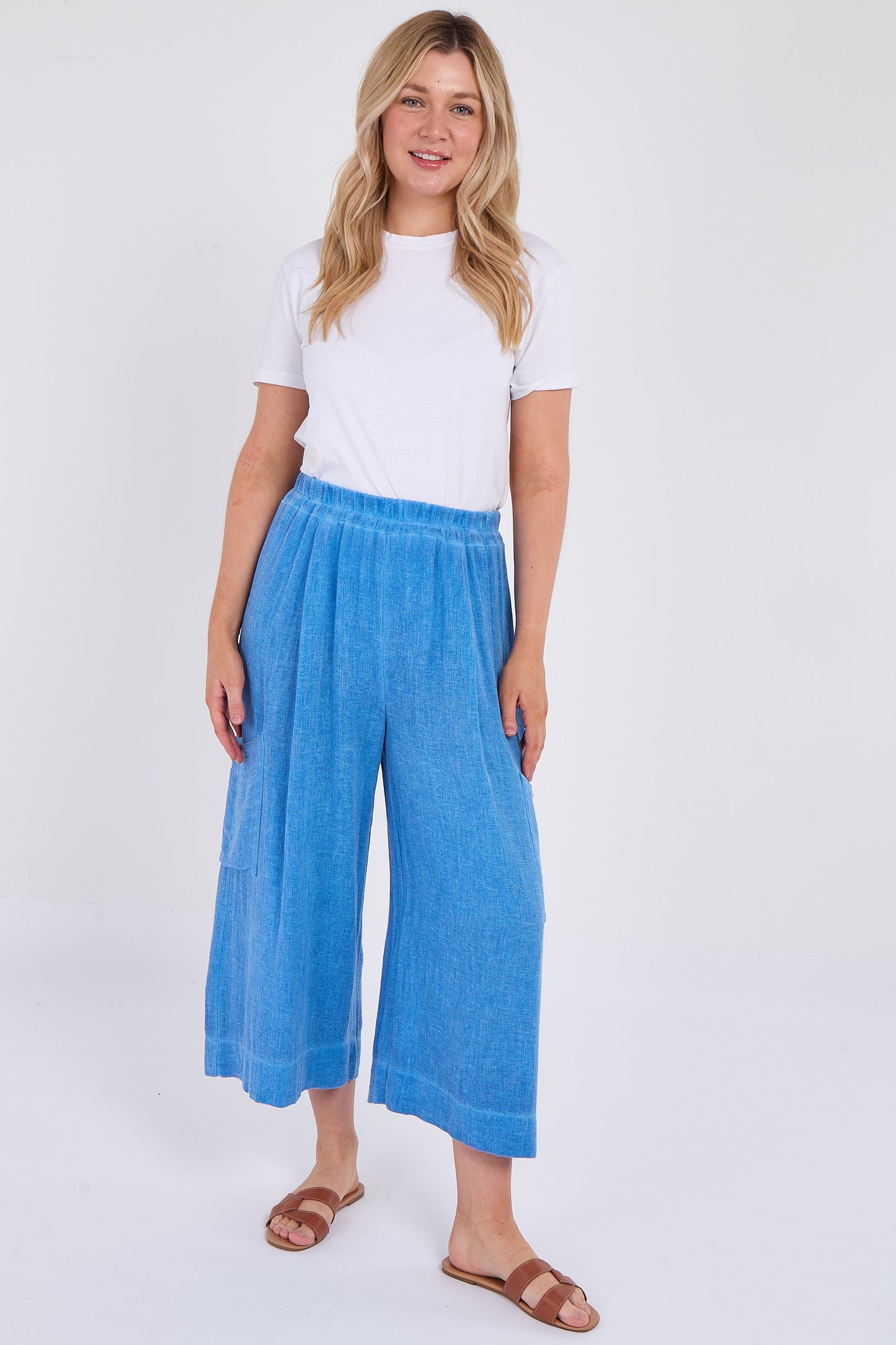 WASHED LINEN  WIDE LEG CROP TROUSERS