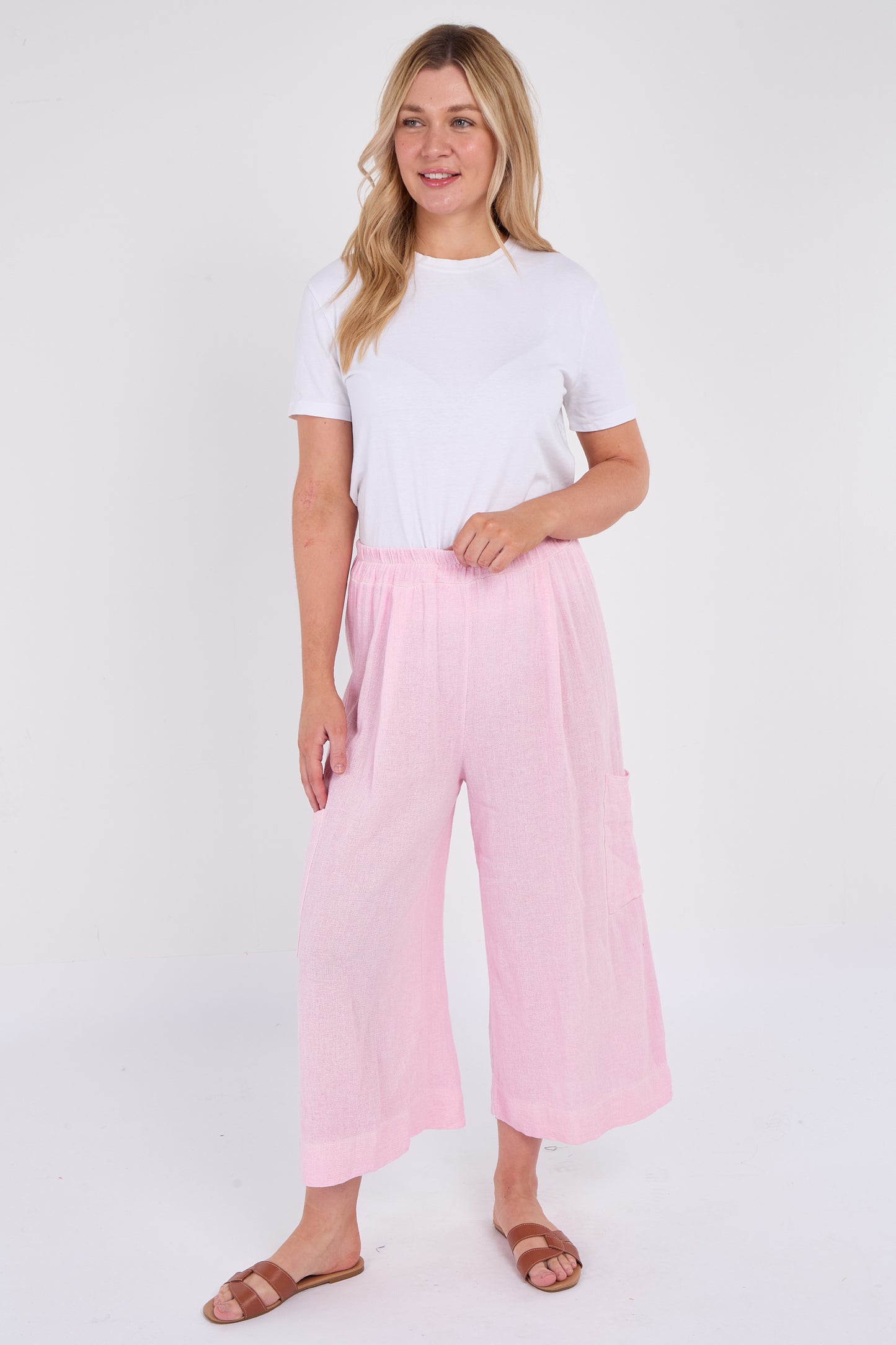 WASHED LINEN  WIDE LEG CROP TROUSERS