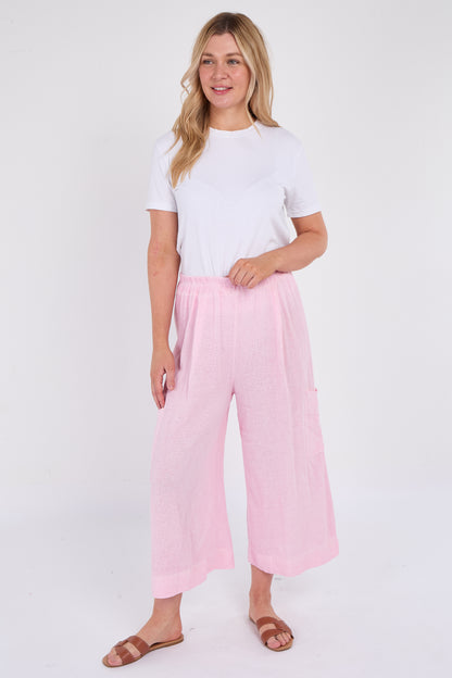 WASHED LINEN  WIDE LEG CROP TROUSERS