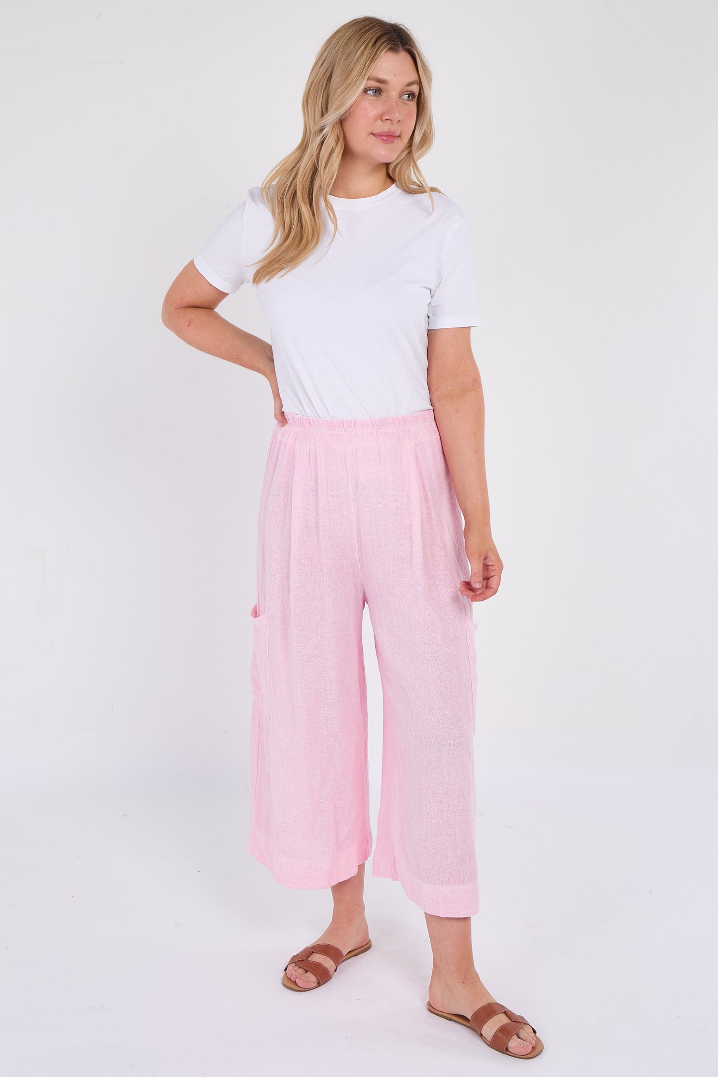 WASHED LINEN  WIDE LEG CROP TROUSERS
