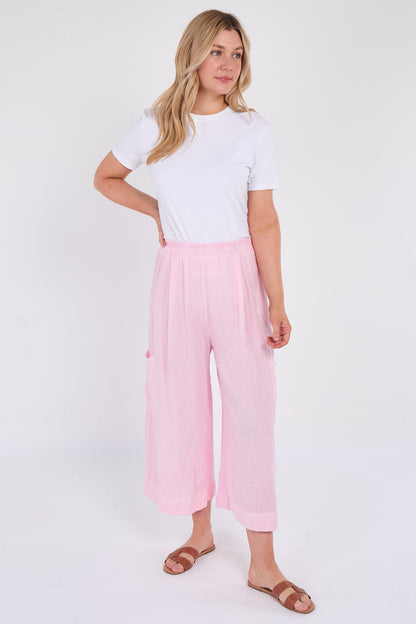 WASHED LINEN  WIDE LEG CROP TROUSERS