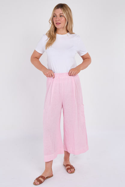 WASHED LINEN  WIDE LEG CROP TROUSERS