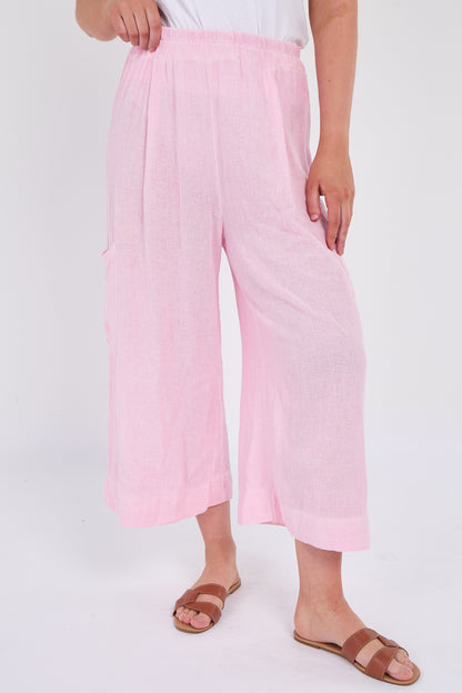 WASHED LINEN  WIDE LEG CROP TROUSERS